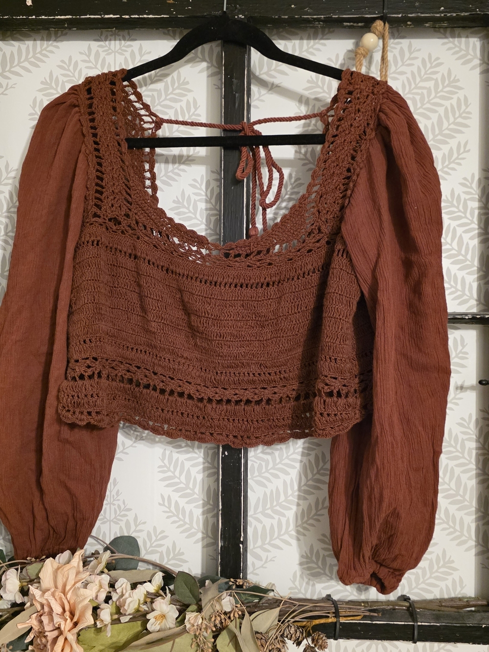 Free People Rust Crochet Puff-Sleeve Crop Top